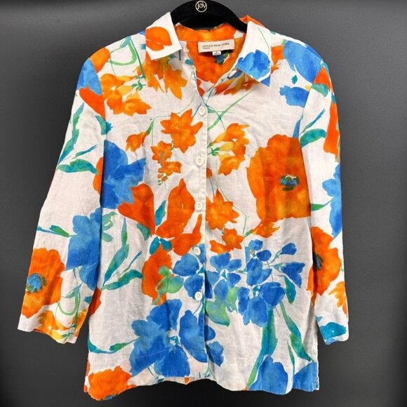 Jones New York 100 Linen Blue Orange Floral All Over Button Up Top Small Flowers - Picture 1 of 10